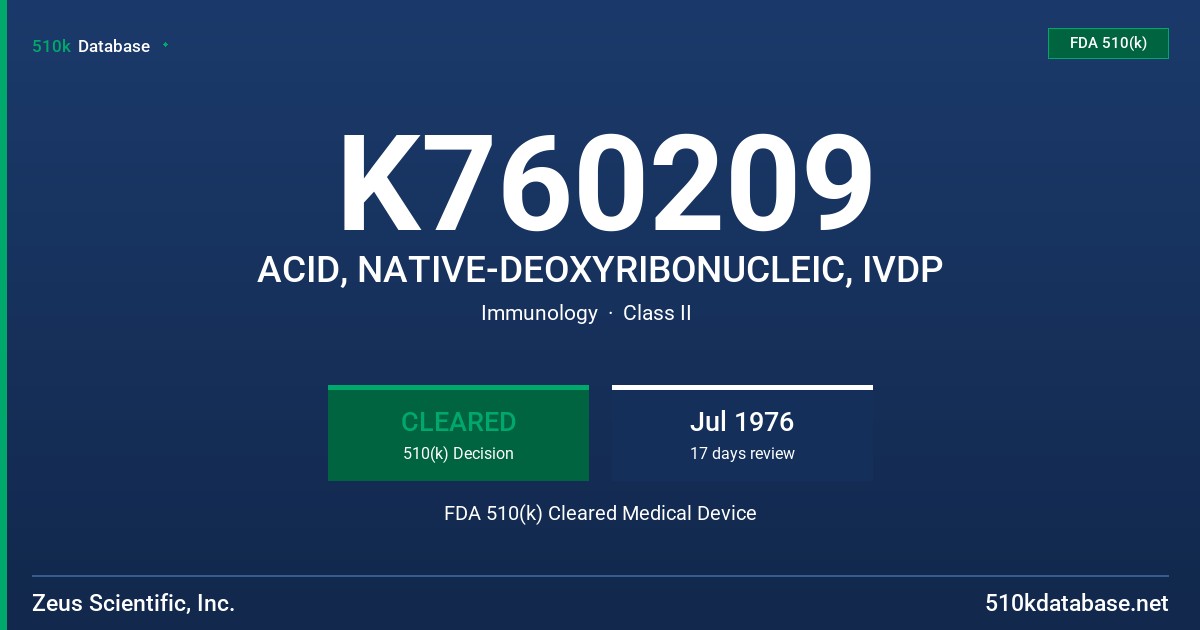K760209 ACID, NATIVE-DEOXYRIBONUCLEIC, IVDP FDA 510(k) Cleared Medical Device