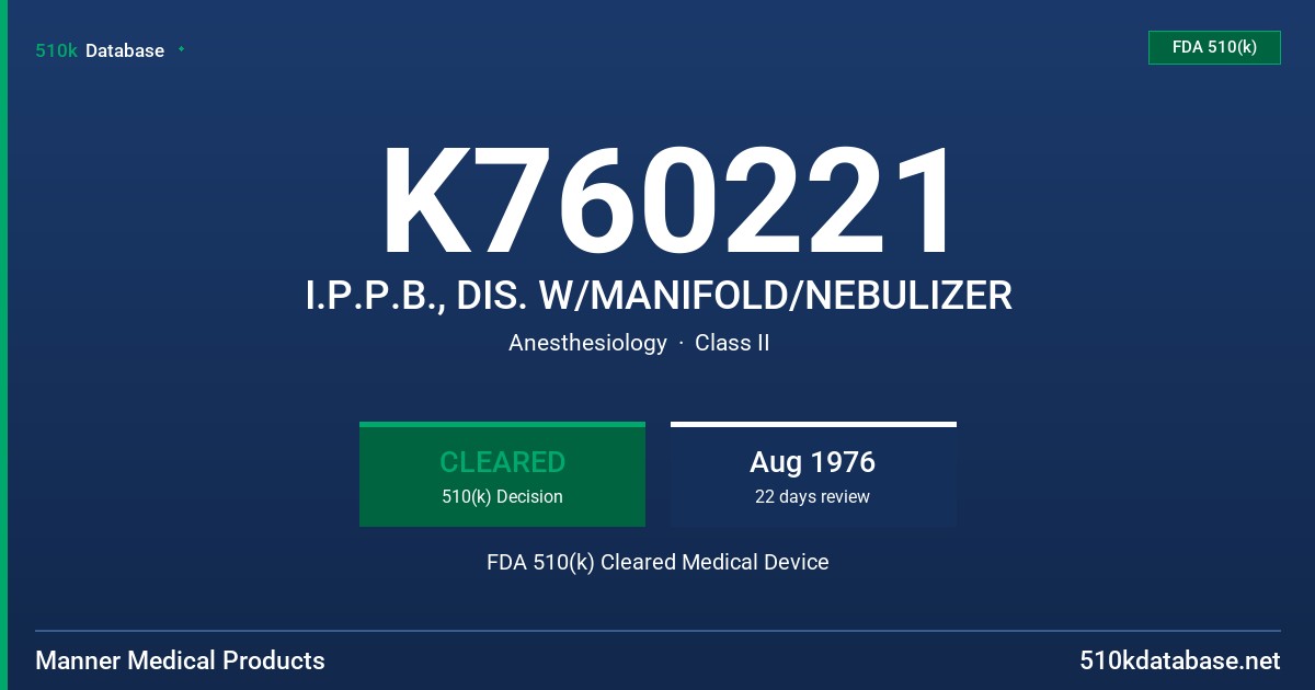 K760221 I.P.P.B., DIS. W/MANIFOLD/NEBULIZER FDA 510(k) Cleared Medical Device