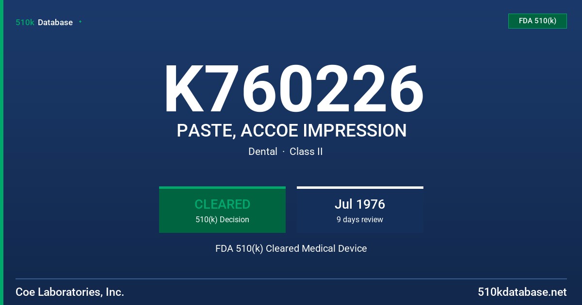 K760226 PASTE, ACCOE IMPRESSION FDA 510(k) Cleared Medical Device