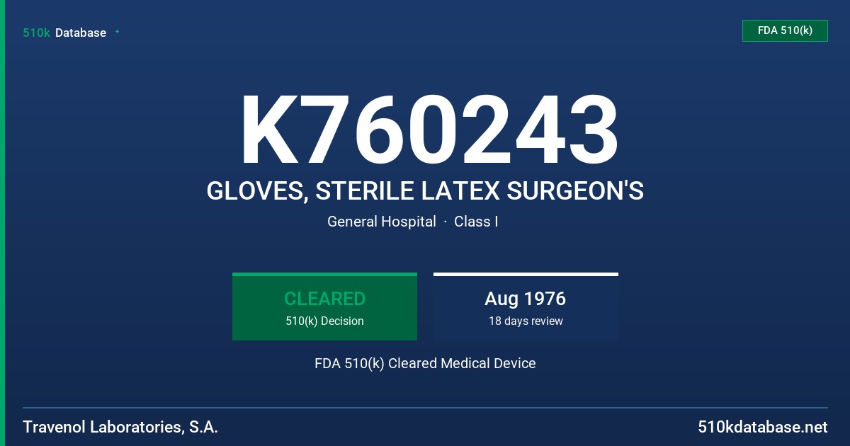 K760243 GLOVES, STERILE LATEX SURGEON'S FDA 510(k) Cleared Medical Device