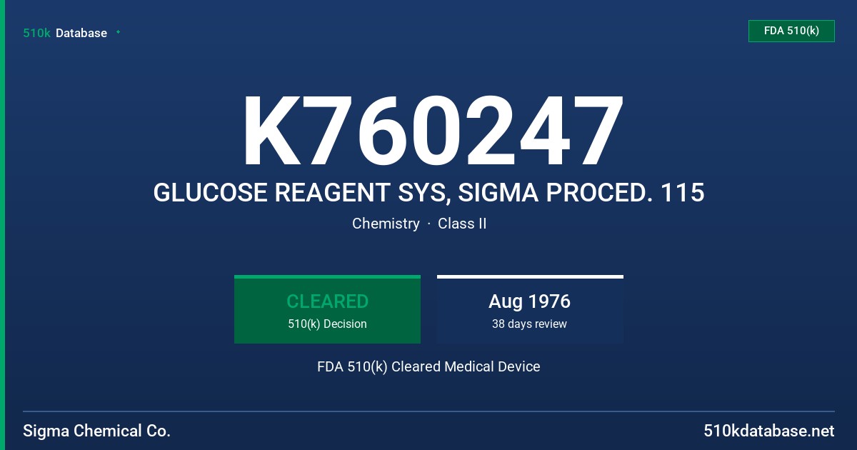 K760247 GLUCOSE REAGENT SYS, SIGMA PROCED. 115 FDA 510(k) Cleared Medical Device