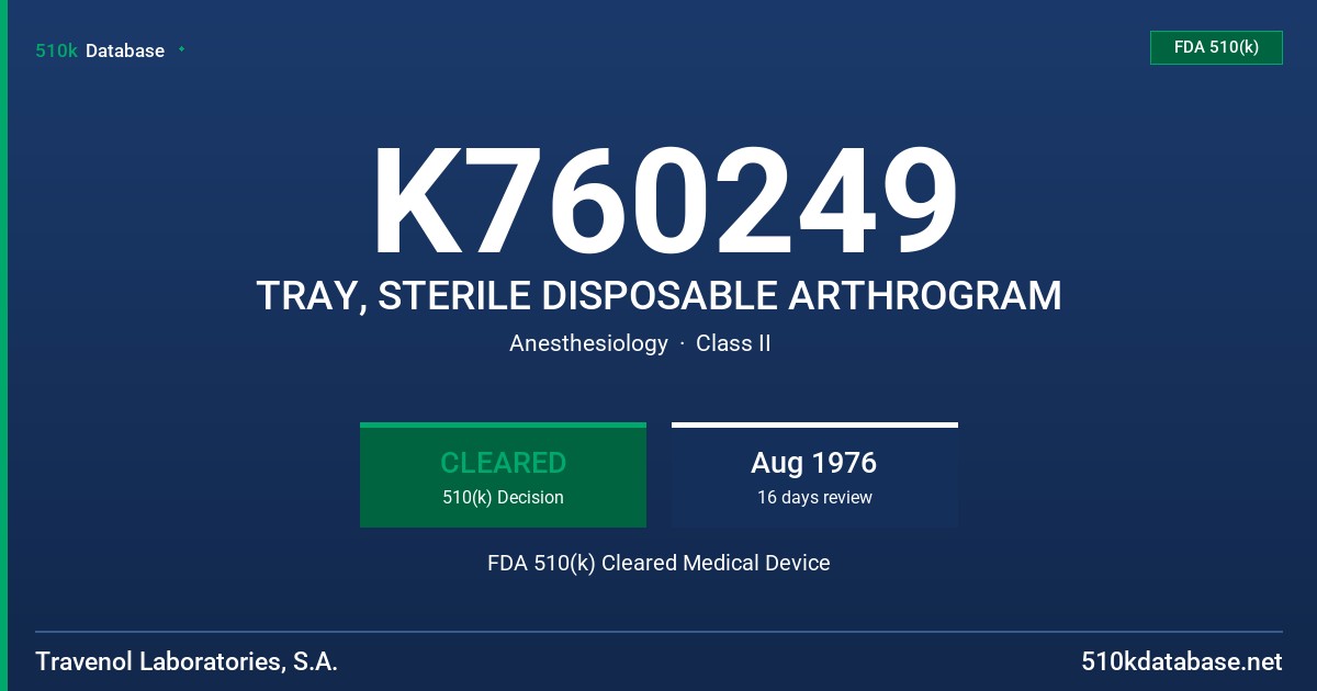 K760249 TRAY, STERILE DISPOSABLE ARTHROGRAM FDA 510(k) Cleared Medical Device