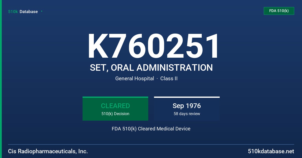 K760251 SET, ORAL ADMINISTRATION FDA 510(k) Cleared Medical Device