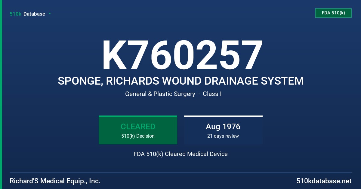 K760257 SPONGE, RICHARDS WOUND DRAINAGE SYSTEM FDA 510(k) Cleared Medical Device