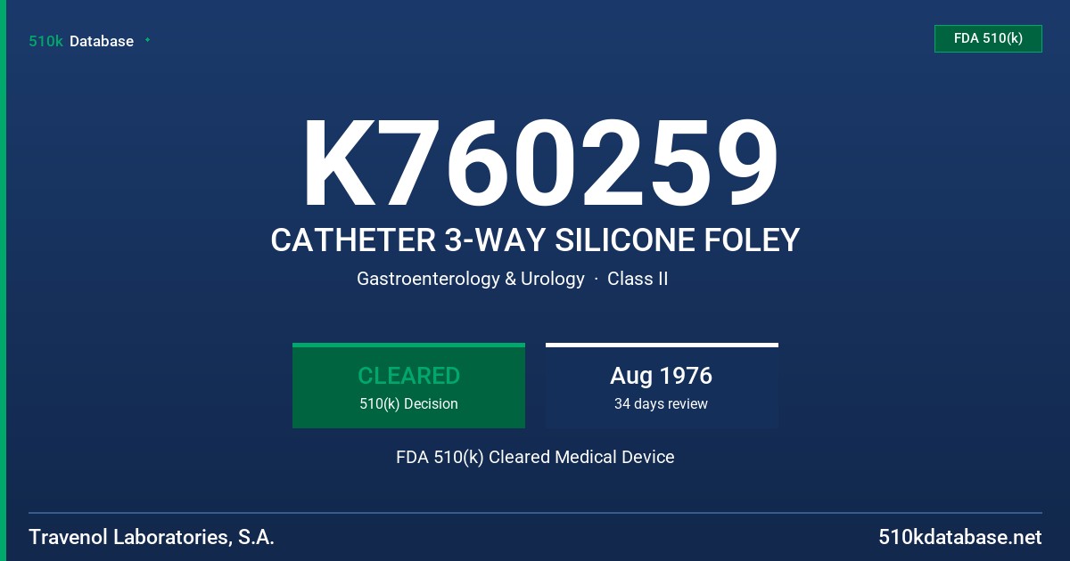 K760259 CATHETER 3-WAY SILICONE FOLEY FDA 510(k) Cleared Medical Device