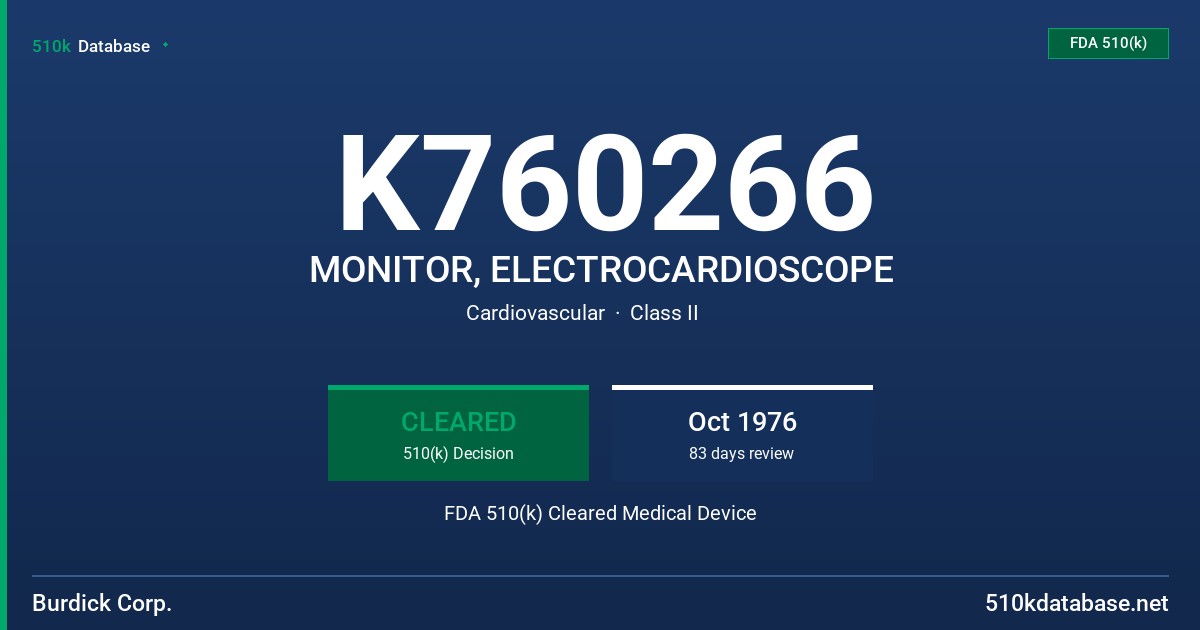 K760266 MONITOR, ELECTROCARDIOSCOPE FDA 510(k) Cleared Medical Device