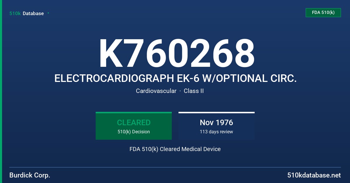 K760268 ELECTROCARDIOGRAPH EK-6 W/OPTIONAL CIRC. FDA 510(k) Cleared Medical Device