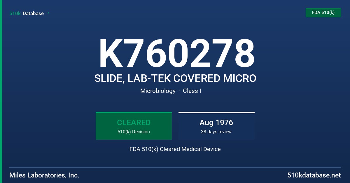 K760278 SLIDE, LAB-TEK COVERED MICRO FDA 510(k) Cleared Medical Device