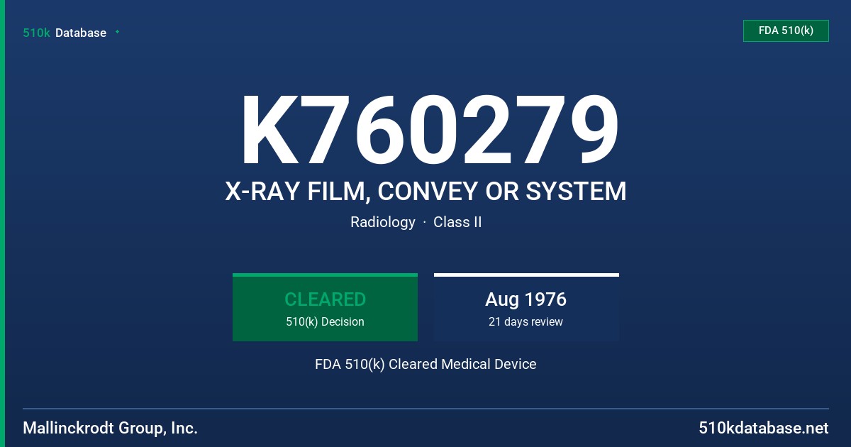 K760279 X-RAY FILM, CONVEY OR SYSTEM FDA 510(k) Cleared Medical Device