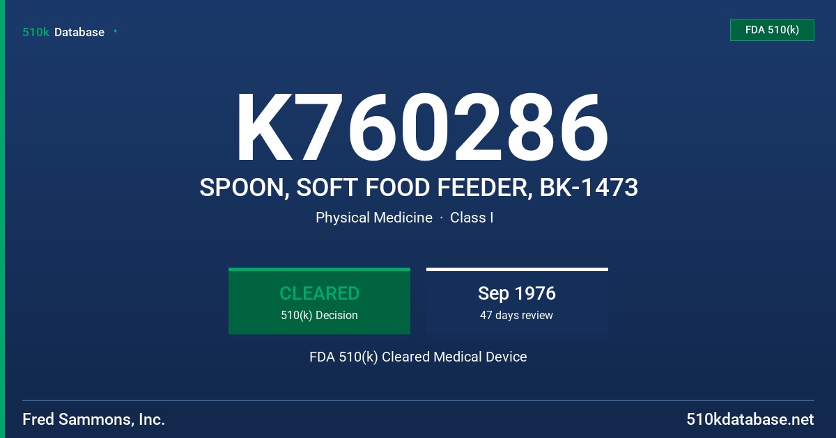K760286 SPOON, SOFT FOOD FEEDER, BK-1473 FDA 510(k) Cleared Medical Device
