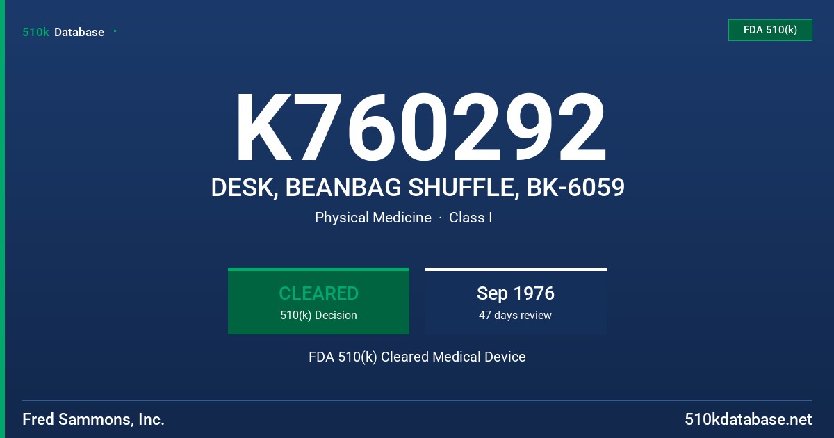 K760292 DESK, BEANBAG SHUFFLE, BK-6059 FDA 510(k) Cleared Medical Device