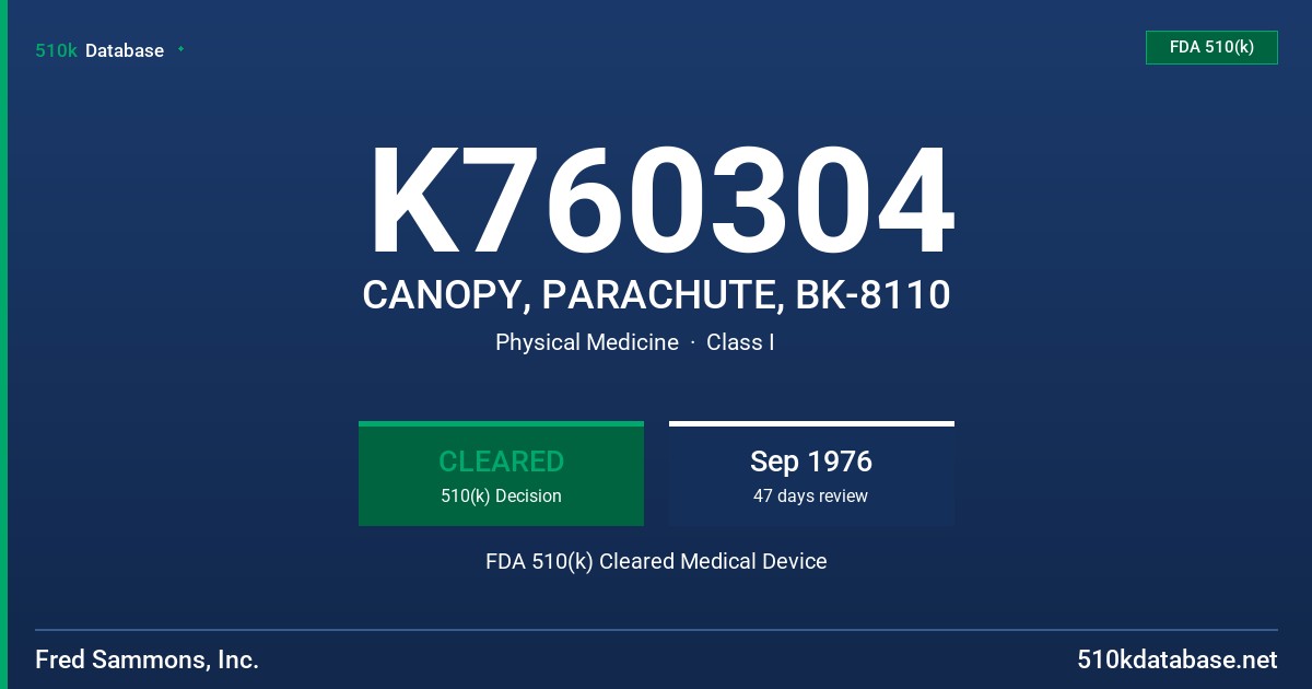 K760304 CANOPY, PARACHUTE, BK-8110 FDA 510(k) Cleared Medical Device