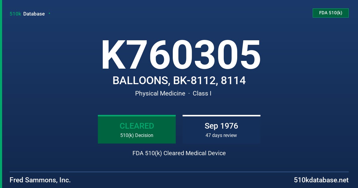 K760305 BALLOONS, BK-8112, 8114 FDA 510(k) Cleared Medical Device