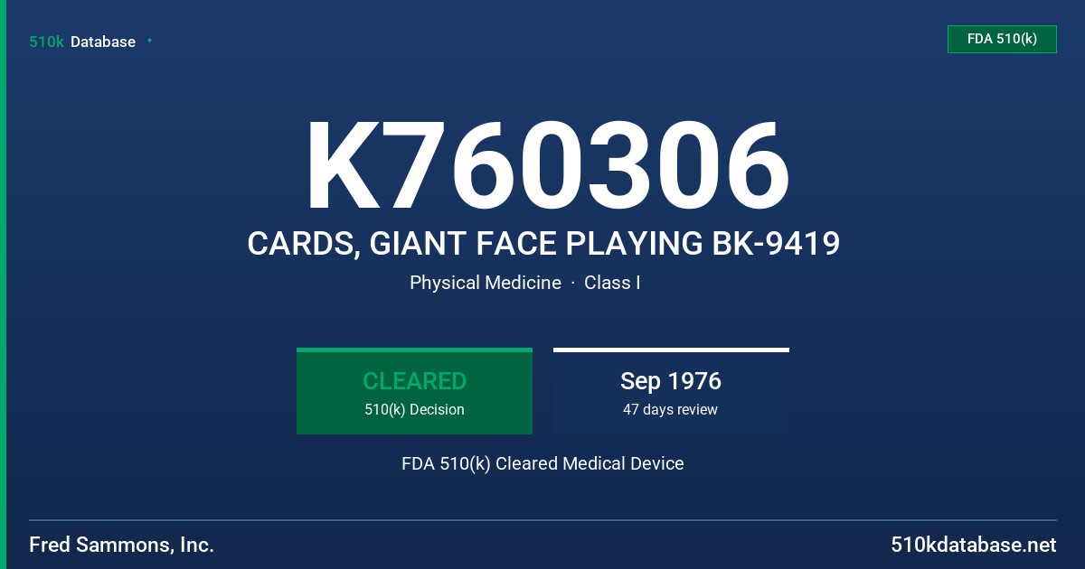 K760306 CARDS, GIANT FACE PLAYING BK-9419 FDA 510(k) Cleared Medical Device