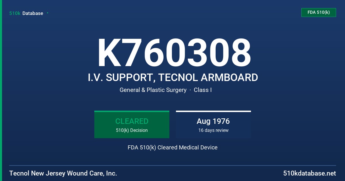 K760308 I.V. SUPPORT, TECNOL ARMBOARD FDA 510(k) Cleared Medical Device
