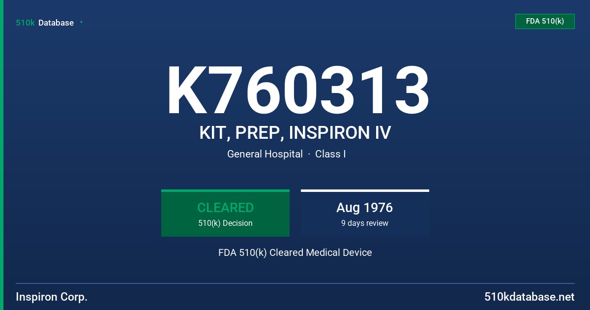 K760313 KIT, PREP, INSPIRON IV FDA 510(k) Cleared Medical Device