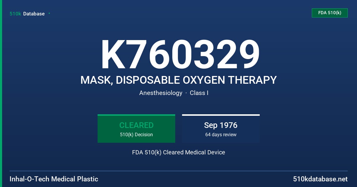 K760329 MASK, DISPOSABLE OXYGEN THERAPY FDA 510(k) Cleared Medical Device