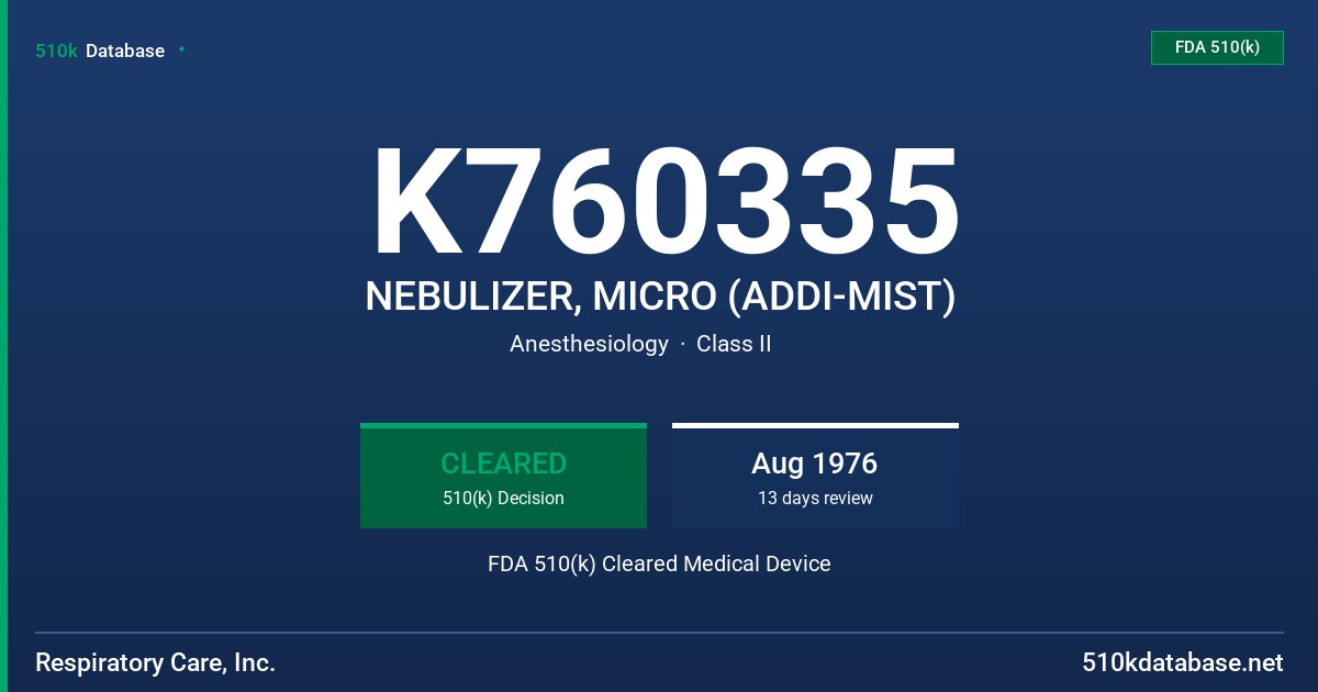 K760335 NEBULIZER, MICRO (ADDI-MIST) FDA 510(k) Cleared Medical Device