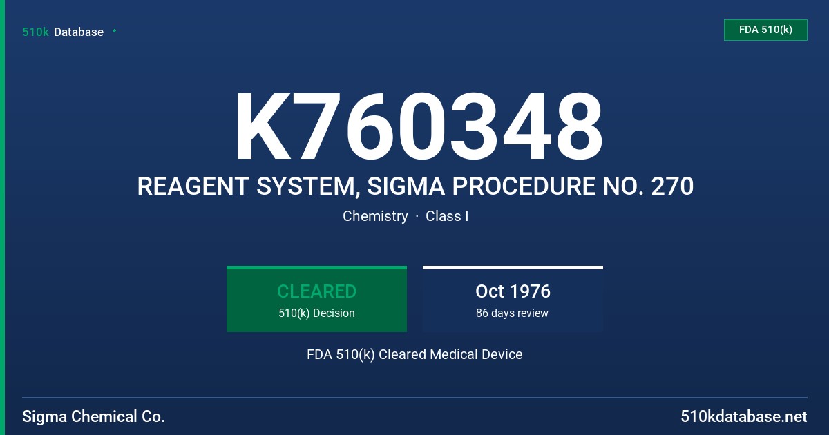K760348 REAGENT SYSTEM, SIGMA PROCEDURE NO. 270 FDA 510(k) Cleared Medical Device