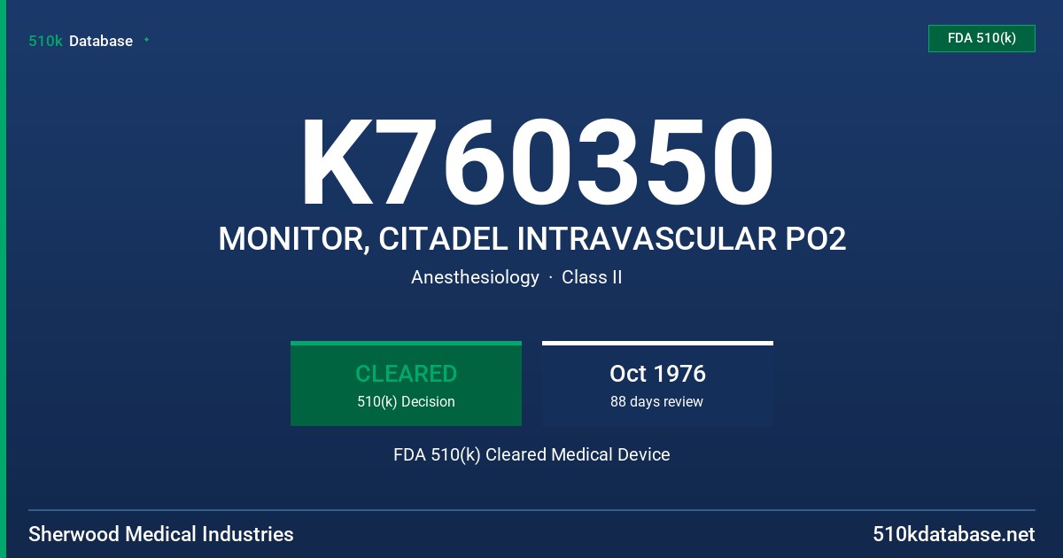 K760350 MONITOR, CITADEL INTRAVASCULAR PO2 FDA 510(k) Cleared Medical Device