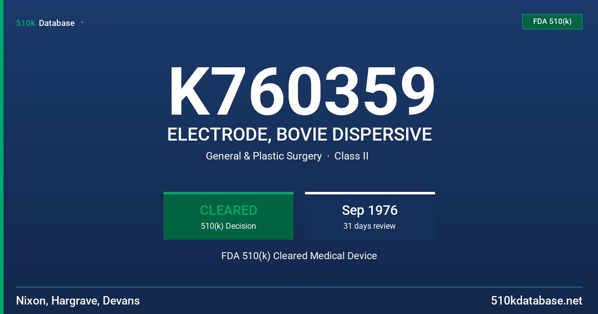 K760359 ELECTRODE, BOVIE DISPERSIVE FDA 510(k) Cleared Medical Device
