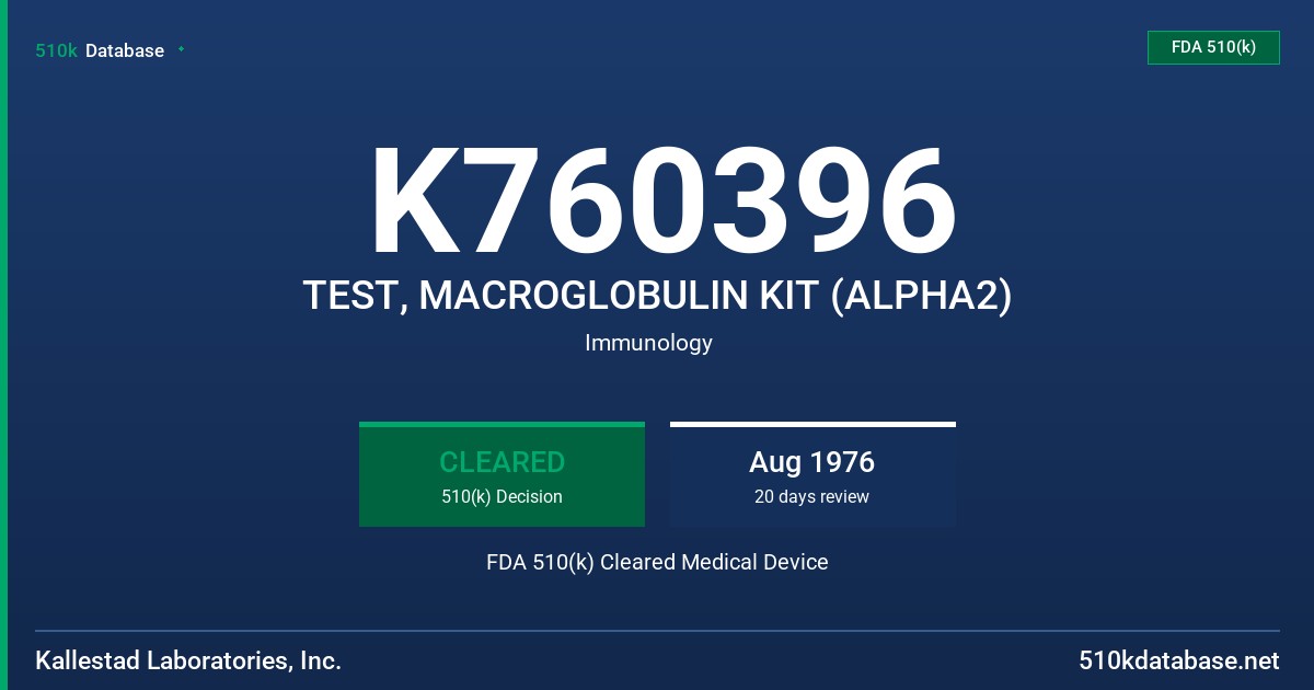 K760396 TEST, MACROGLOBULIN KIT (ALPHA2) FDA 510(k) Cleared Medical Device