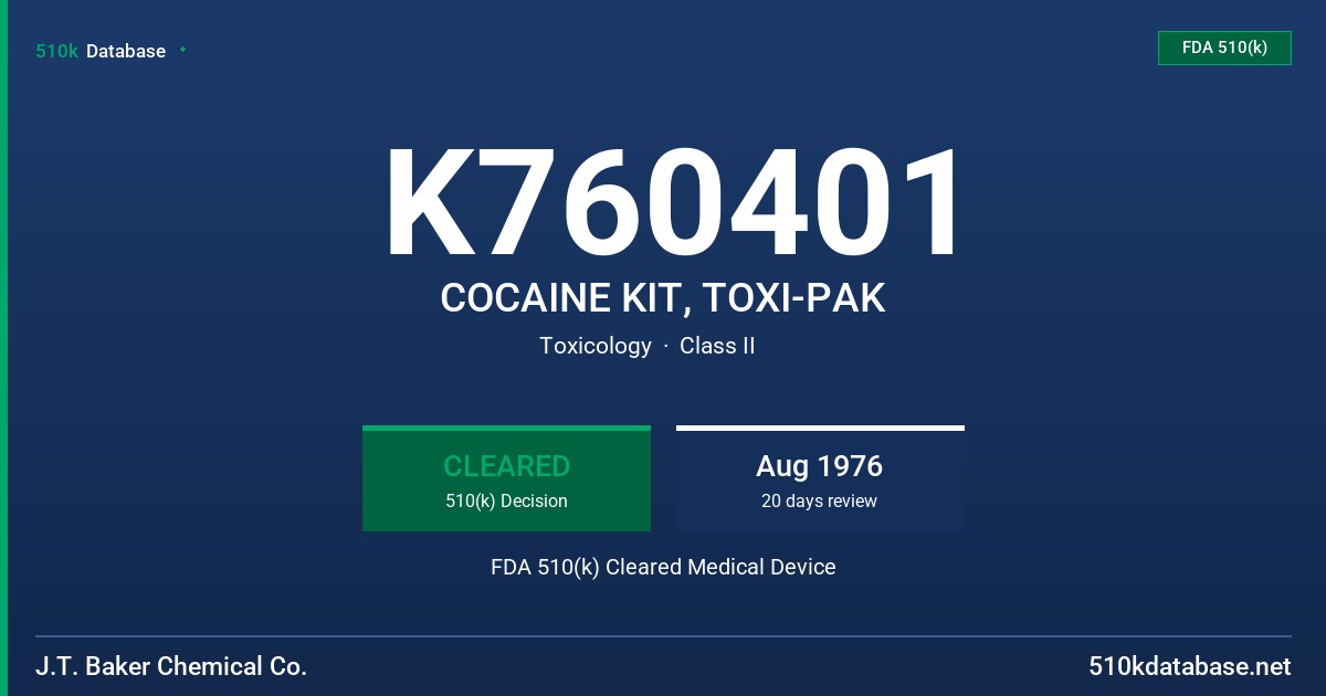 K760401 COCAINE KIT, TOXI-PAK FDA 510(k) Cleared Medical Device