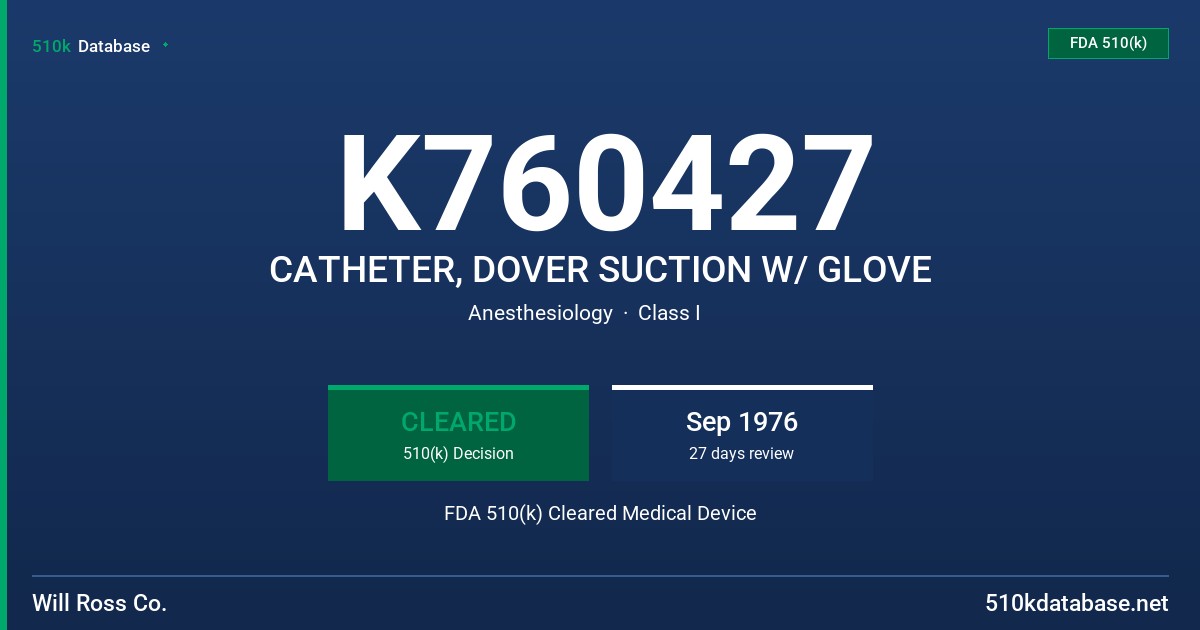 K760427 CATHETER, DOVER SUCTION W/ GLOVE FDA 510(k) Cleared Medical Device