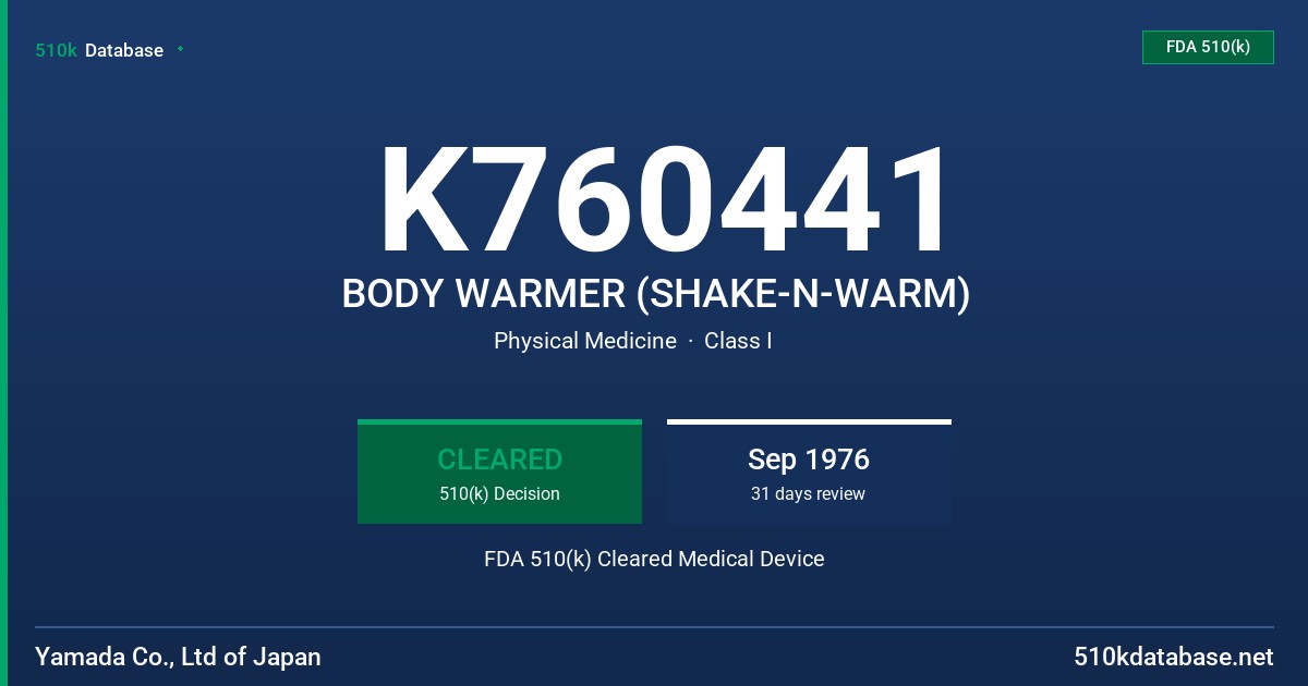 K760441 BODY WARMER (SHAKE-N-WARM) FDA 510(k) Cleared Medical Device