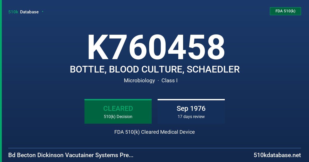 K760458 BOTTLE, BLOOD CULTURE, SCHAEDLER FDA 510(k) Cleared Medical Device