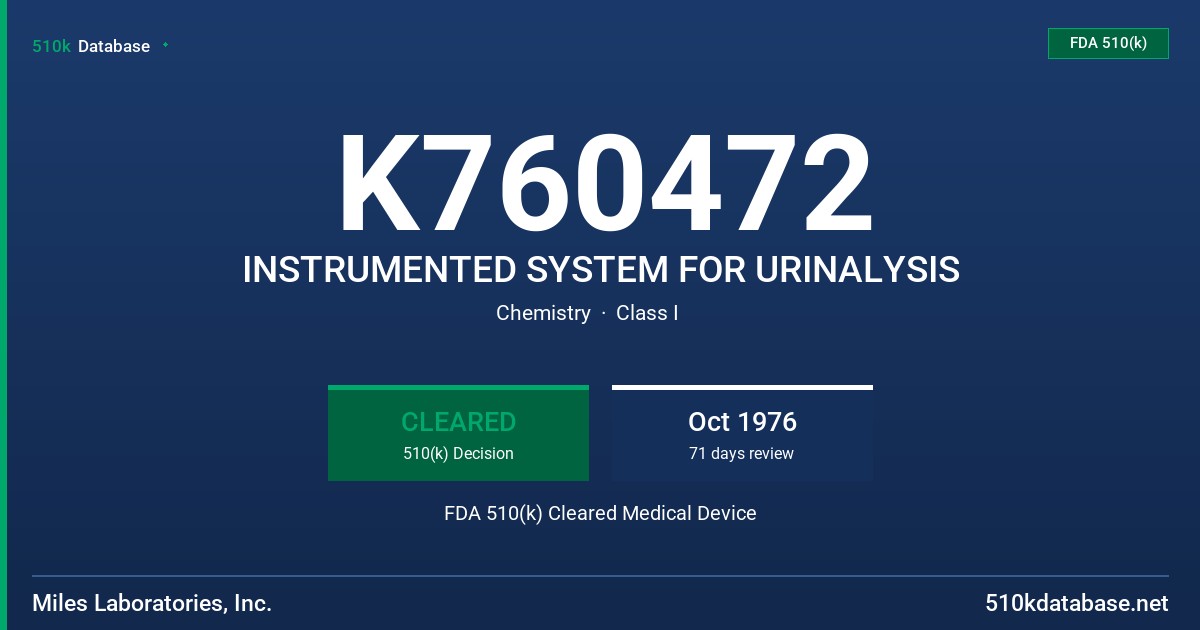 K760472 INSTRUMENTED SYSTEM FOR URINALYSIS FDA 510(k) Cleared Medical Device