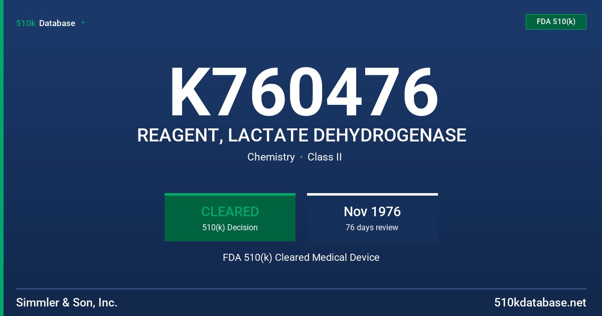 K760476 REAGENT, LACTATE DEHYDROGENASE FDA 510(k) Cleared Medical Device