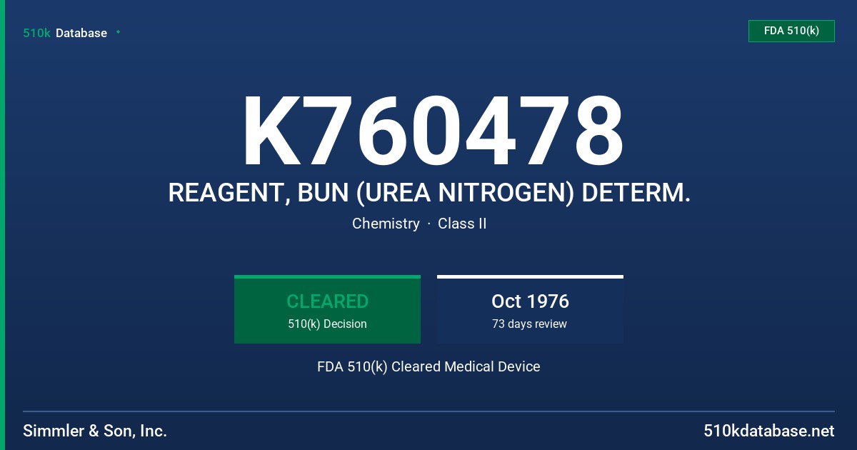 K760478 REAGENT, BUN (UREA NITROGEN) DETERM. FDA 510(k) Cleared Medical Device