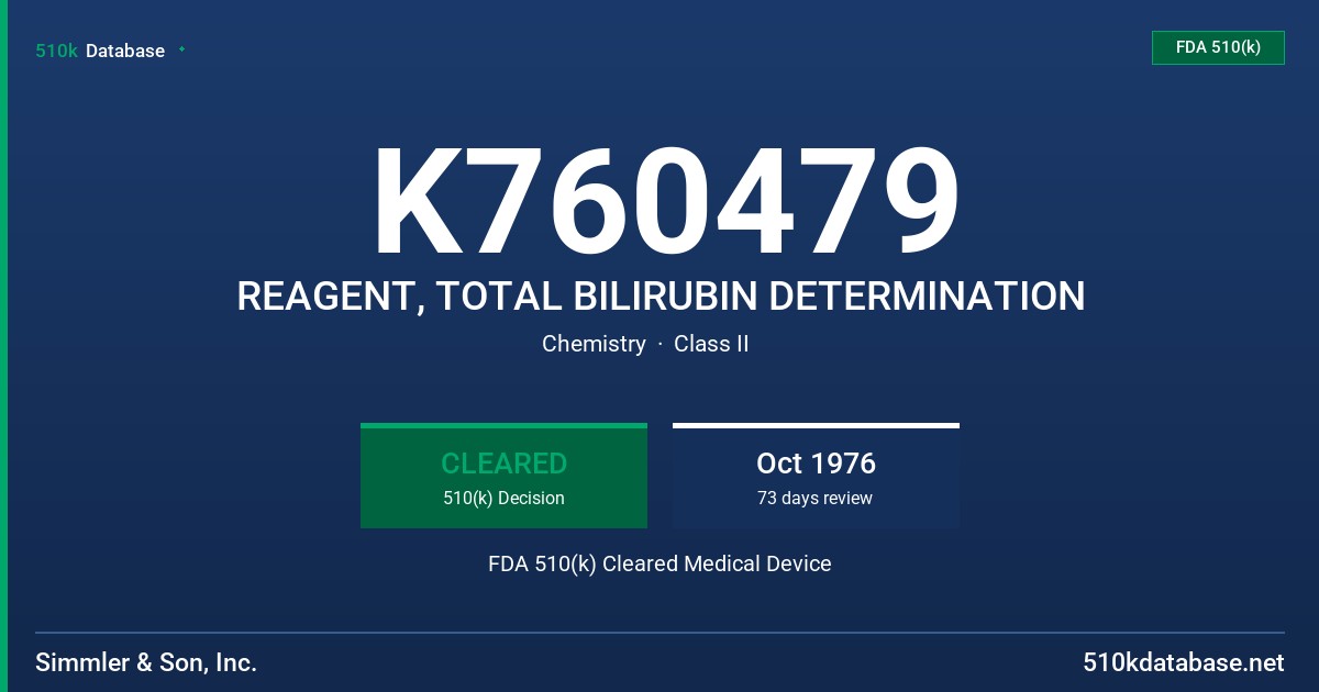 K760479 REAGENT, TOTAL BILIRUBIN DETERMINATION FDA 510(k) Cleared Medical Device