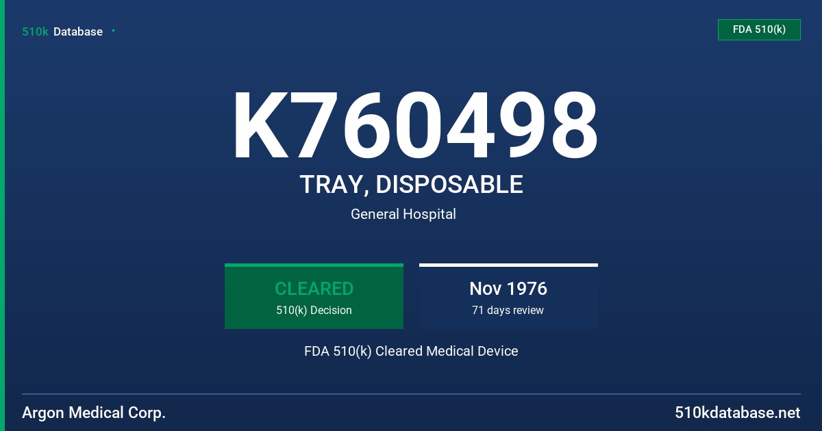 K760498 TRAY, DISPOSABLE FDA 510(k) Cleared Medical Device