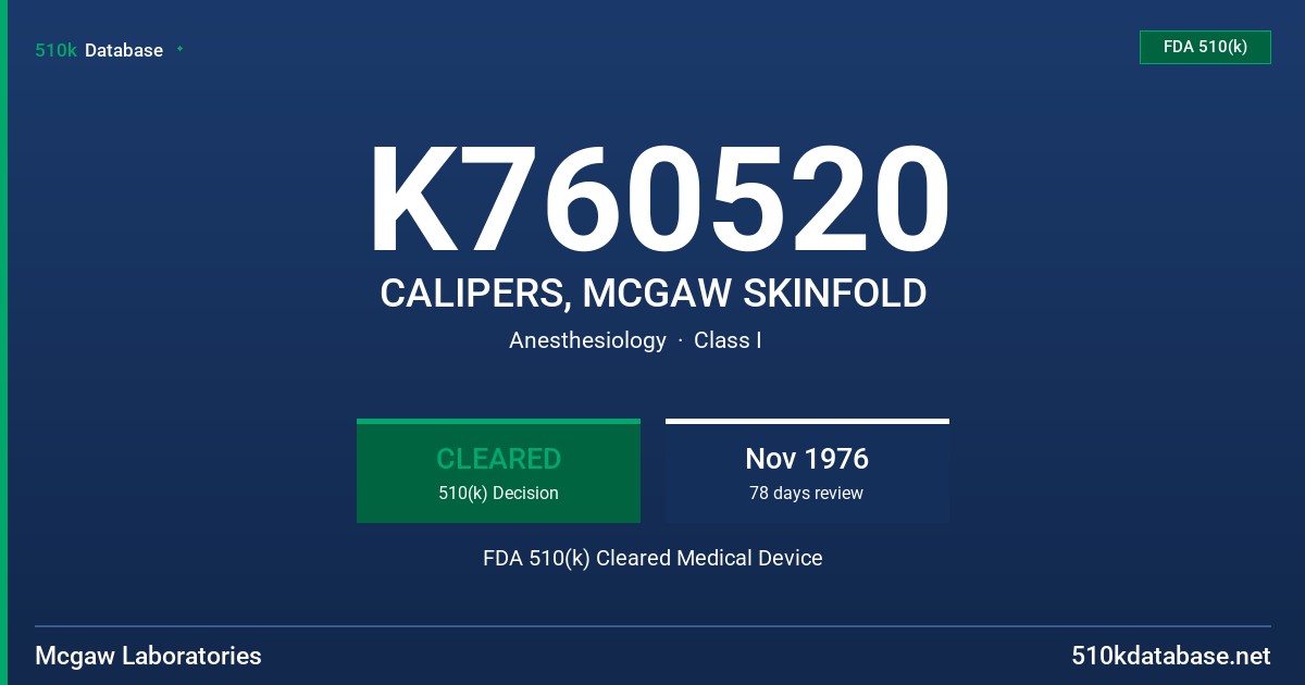 K760520 CALIPERS, MCGAW SKINFOLD FDA 510(k) Cleared Medical Device