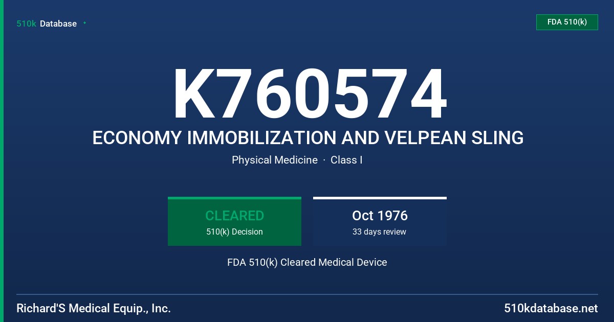 K760574 ECONOMY IMMOBILIZATION AND VELPEAN SLING FDA 510(k) Cleared Medical Device