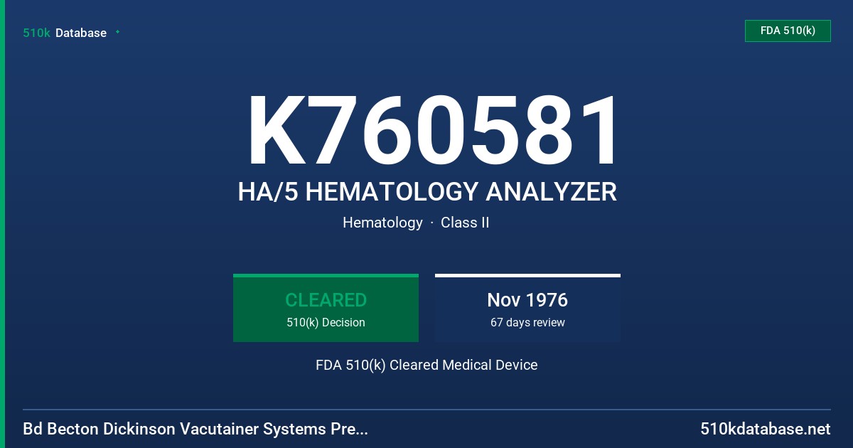 K760581 HA/5 HEMATOLOGY ANALYZER FDA 510(k) Cleared Medical Device