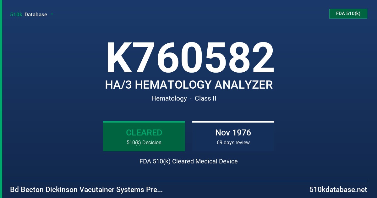 K760582 HA/3 HEMATOLOGY ANALYZER FDA 510(k) Cleared Medical Device