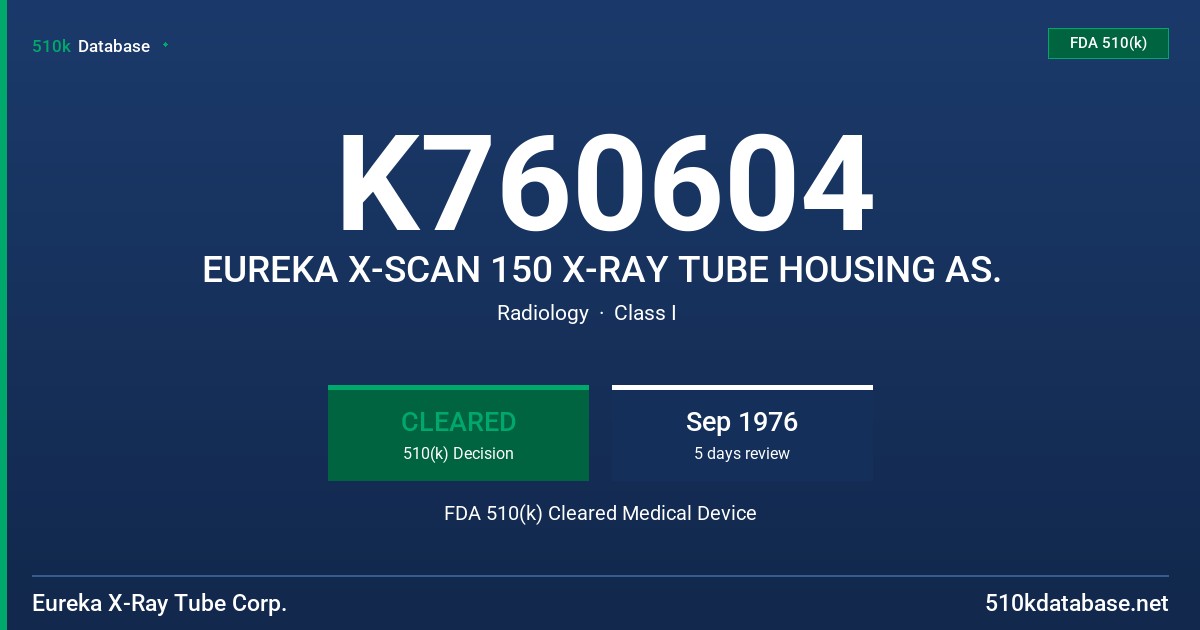 K760604 EUREKA X-SCAN 150 X-RAY TUBE HOUSING AS. FDA 510(k) Cleared Medical Device