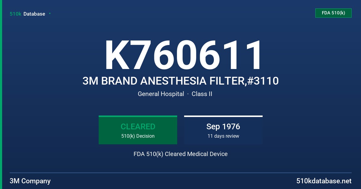 K760611 3M BRAND ANESTHESIA FILTER,#3110 FDA 510(k) Cleared Medical Device
