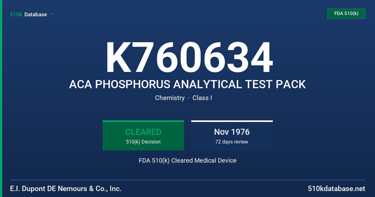 K760634 ACA PHOSPHORUS ANALYTICAL TEST PACK FDA 510(k) Cleared Medical Device