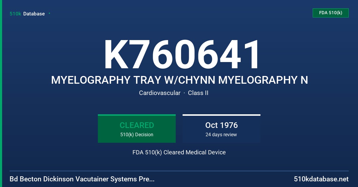 K760641 MYELOGRAPHY TRAY W/CHYNN MYELOGRAPHY N FDA 510(k) Cleared Medical Device