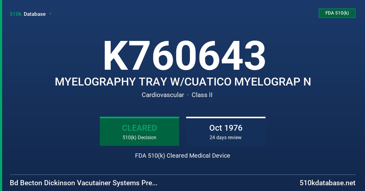 K760643 MYELOGRAPHY TRAY W/CUATICO MYELOGRAP N FDA 510(k) Cleared Medical Device