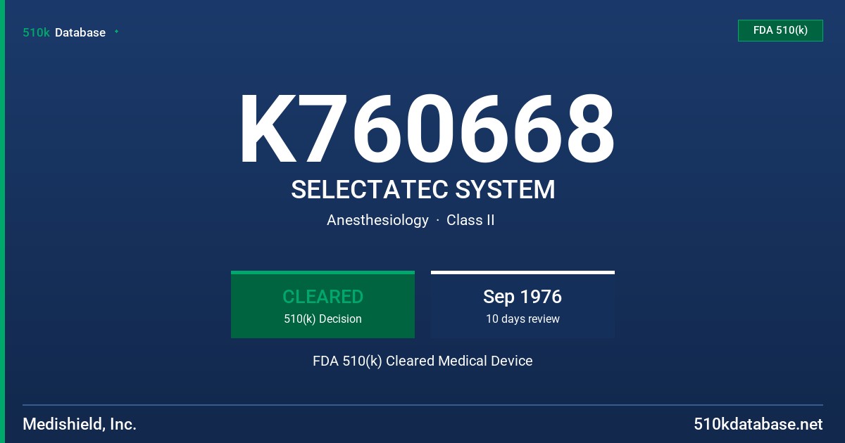 K760668 SELECTATEC SYSTEM FDA 510(k) Cleared Medical Device