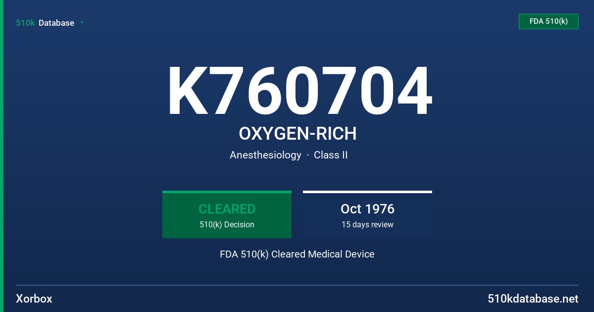 K760704 OXYGEN-RICH FDA 510(k) Cleared Medical Device