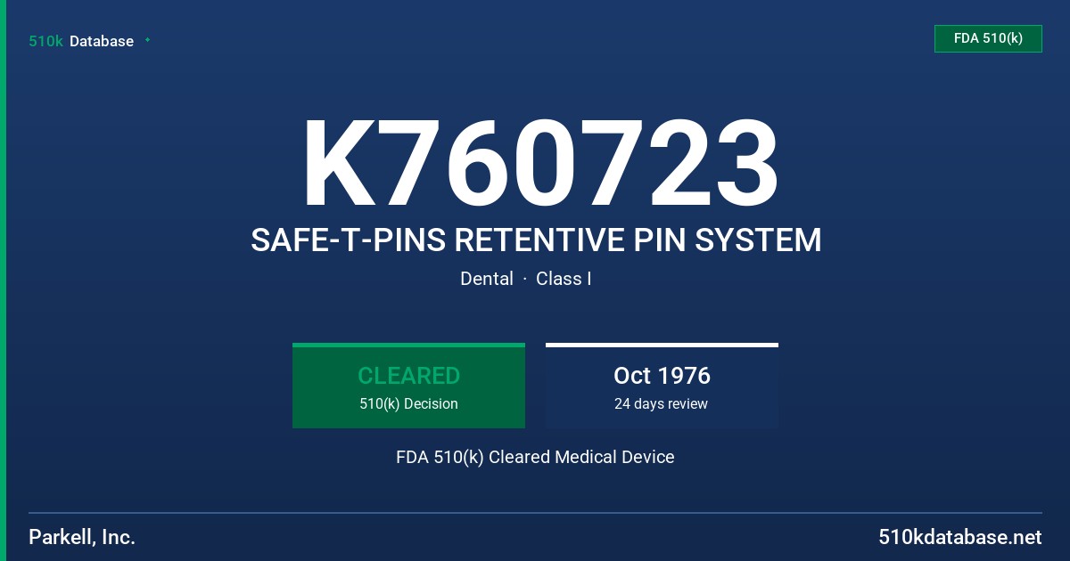 K760723 SAFE-T-PINS RETENTIVE PIN SYSTEM FDA 510(k) Cleared Medical Device