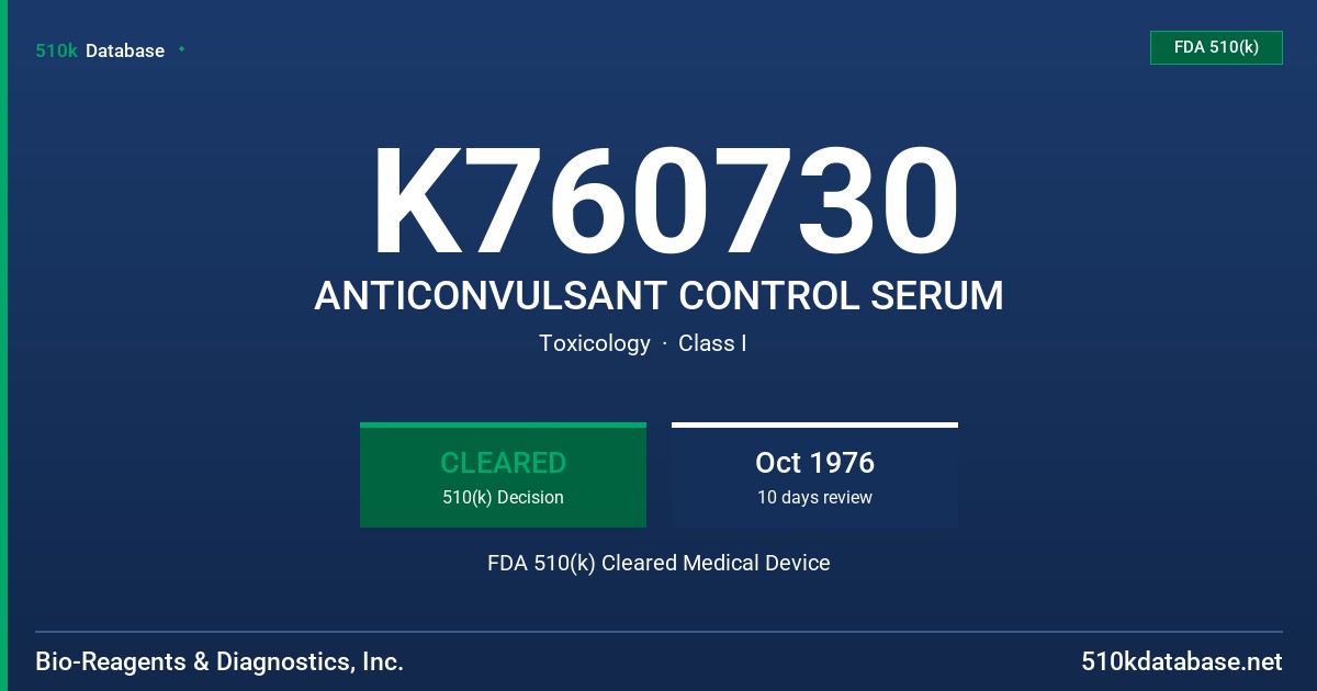K760730 ANTICONVULSANT CONTROL SERUM FDA 510(k) Cleared Medical Device