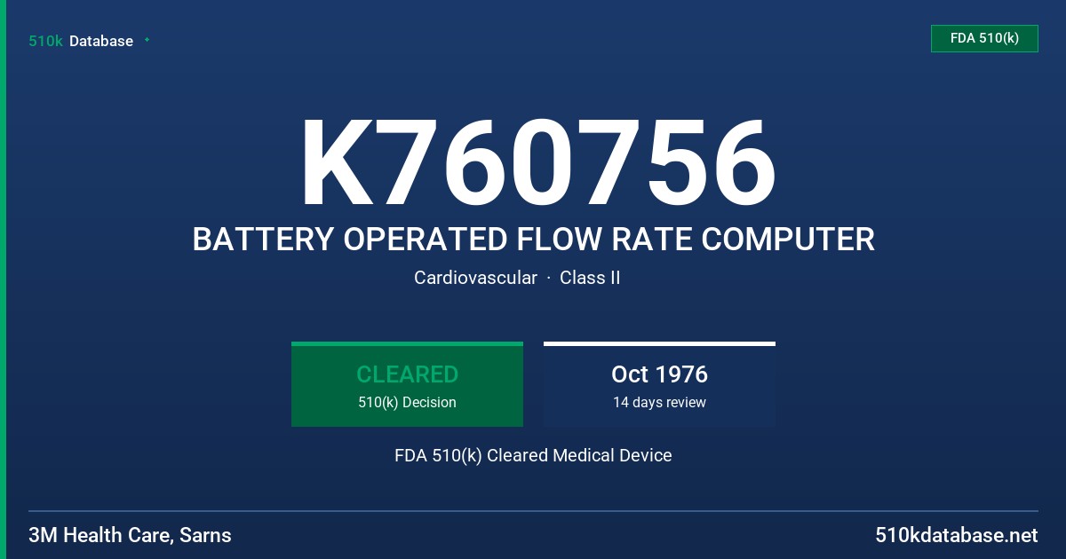 K760756 BATTERY OPERATED FLOW RATE COMPUTER FDA 510(k) Cleared Medical Device
