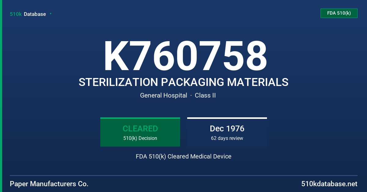 K760758 STERILIZATION PACKAGING MATERIALS FDA 510(k) Cleared Medical Device